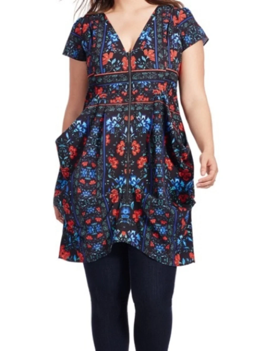 City Chic Folk Dance Print Zip Front Pleat Tunic Dress 16/Small